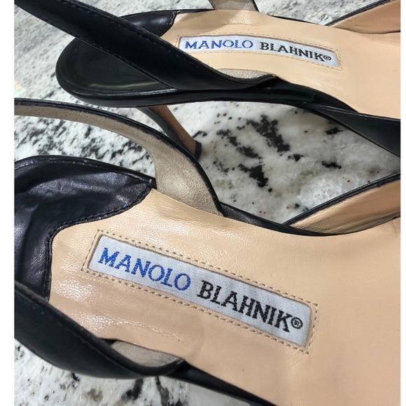 Manolo Blahnik Black Leather Slingback Kitten Heel Pumps Size 37 US 6.5–7 Italy - Picture 12 of 14